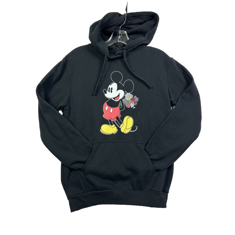 Disney Mickey Mouse Embroidered Floral Black Hoodie Sweatshirt SZ M Medium Comfy